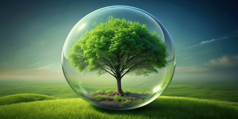 Canvas Print - A tree enclosed in a bubble, symbolizing a green ecological industry of the future, eco-friendly, sustainable