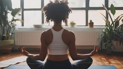 Adult woman practising yoga at home. 