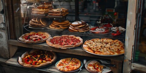 Delicious Fruit Pizza Display in a Shop Window