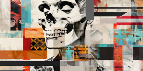 Wall Mural - Abstract Skull Art Collage Modern Mixed Media with Bold Colors and Geometric Patterns