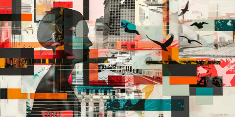 Wall Mural - Abstract Silhouette Portrait in Mixed Media Urban Landscape Collage