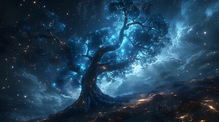 Spinal cord as a luminous spine-like tree with branches extending into a star-filled sky.