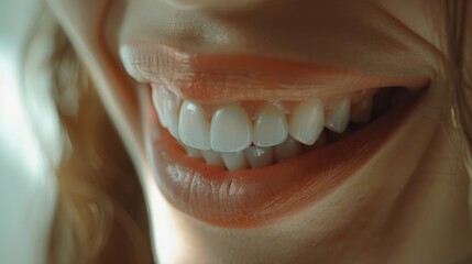 Close-up of a smiling woman's lips showing health white teeth,generative ai
