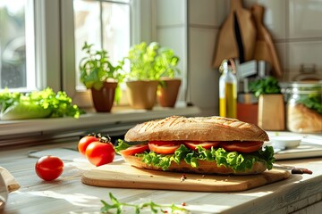 Freshly Made Sandwich on Wooden Board