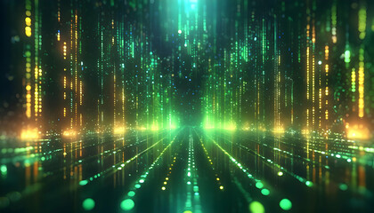 Wall Mural - Glowing green abstract lights in a dark, creating a sci-fi atmosphere texture Mysterious scene with vibrant green futuristic digital scene, featuring green neon lines cascading down a black background