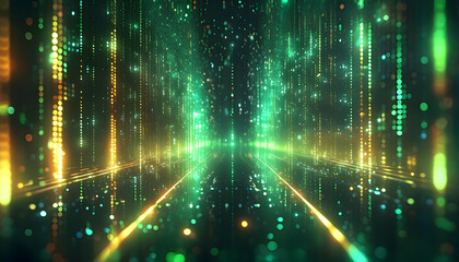 Wall Mural - Glowing green abstract lights in a dark, creating a sci-fi atmosphere texture Mysterious scene with vibrant green futuristic digital scene, featuring green neon lines cascading down a black background