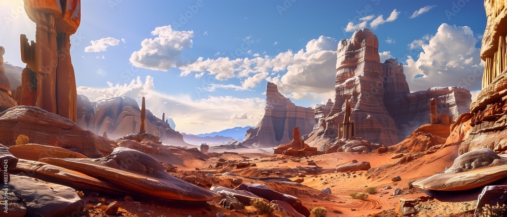 Vast desert landscape stretches out under a bright blue sky with fluffy ...