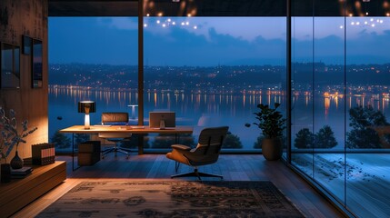 Sticker - modern home office with wooden desk and armchair, glass window overlooking city lights at night