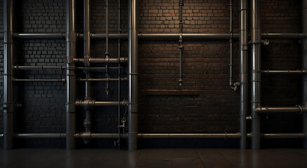  A dark, industrial-style brick wall texture with metal reinforcements and pipes, perfect for a factory or warehouse setting.

