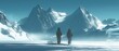 © tongpatong - A backdrop of peaks and two hikers in the mountains traversing through snow