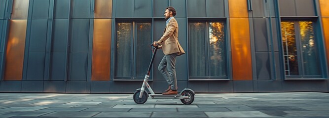 a youthful entrepreneur riding an electric scooter to work against a backdrop of a glossy black buil