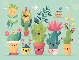 Wall Mural - Happy gardens, cute succulents, kawaii plants, smiling trees, cartoon flowers, flat design illustration