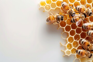 Honeybees working on a honeycomb structure with hexagonal cells, showcasing natural bee behavior and hive construction.