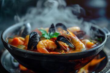 Wall Mural - French bouillabaisse stew, full of Mediterranean seafood and tomatoes, cinematic food photography