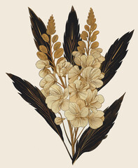 Wall Mural - Elegant Botanical Illustration with Beige Flowers and Dark Leaves for Nature-Themed Art and Decor