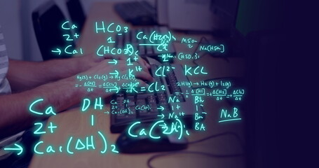 Poster - Image of equations and data processing over biracial male student using computer