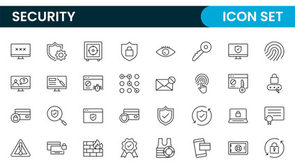 Set of Security web icons in line style. Guard, cyber security, password, smart home, safety, data protection, key, shield, lock, unlock, eye access. Security outline icon set.