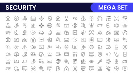 Set of Security web icons in line style. Guard, cyber security, password, smart home, safety, data protection, key, shield, lock, unlock, eye access. Security outline icon set.