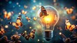 © Wanlop - Radiant light bulb amidst dark surroundings attracts swarm of moths, creating mesmerizing contrast, perfect for coping with innovation and creativity concepts.