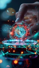 Aufkleber - Human hand interacting with futuristic holographic technology, touching colorful digital interface, depicting innovation and advanced concepts.