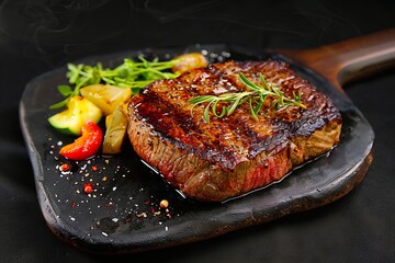 Wall Mural - a steak on a black plate with vegetables.