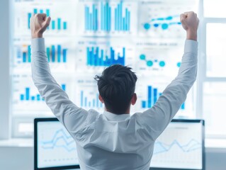 Poster - Businessman celebrating successful financial results in front of multiple computer monitors displaying charts and graphs.