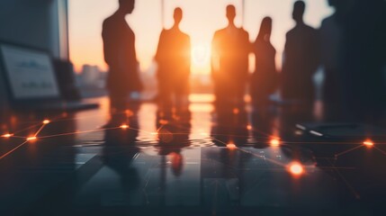 Business team in a meeting with technology connections and sunset light, symbolizing collaboration and innovation in the modern workplace.