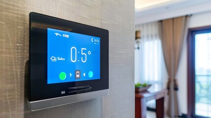 Poster - A sophisticated smart thermostat on the wall, displaying temperature settings and energy usage, integrated with home automation systems