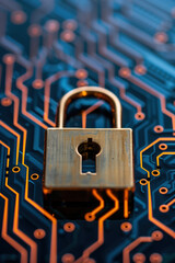 Wall Mural - Close-up of a golden padlock on a circuit board symbolizing cybersecurity, data protection, and secure technology.