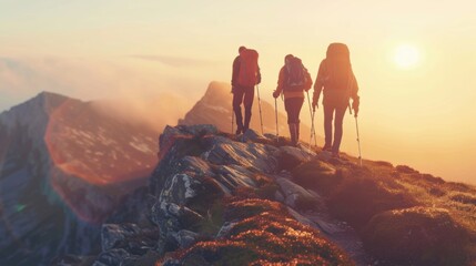 Wall Mural - Three hikers on a mountain trail at sunrise, capturing the beauty of nature and the spirit of adventure.