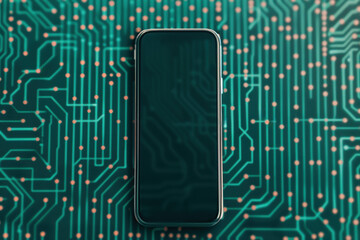 Wall Mural - Modern smartphone lying on a circuit board representing technology, innovation, and digital connections in a high-tech and futuristic design concept.