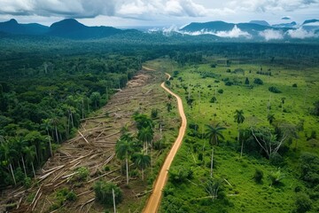 Aerial view of deforestation in the Amazon rainforest, showcasing a dividing dirt road and contrasting landscapes of forest and cleared land.