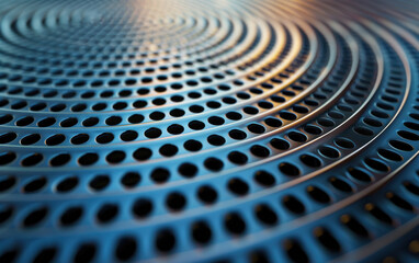 Close-up of a perforated metallic surface in a circular pattern, showcasing industrial design and intricate texture in abstract style.