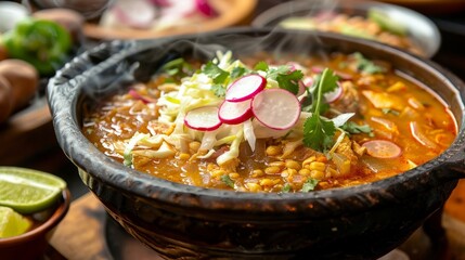 Wall Mural - A steaming pot of pozole, garnished with radishes, cabbage, and lime wedges.