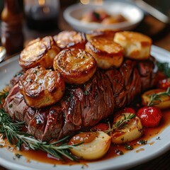 Wall Mural - a classic serving of Traditional Sunday roast with beef, Yorkshire pudding, and roast vegetables