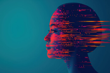 futuristic digital art of a human profile with vibrant light streaks on a blue background, depicting