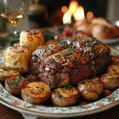 Wall Mural - a classic serving of Traditional Sunday roast with beef, Yorkshire pudding, and roast vegetables