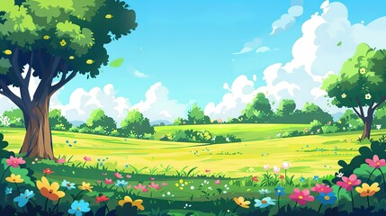 Sticker - Colorful cartoon landscape with trees flowers and rolling hills