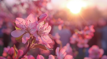 Wall Mural - Beautiful pink blossoms illuminated by the soft light of sunrise, creating a serene and picturesque spring scene.