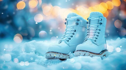 Pair of winter boots standing in the snow with colorful bokeh lights in the background, creating a cozy winter scene.