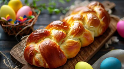 Wall Mural - A traditional Italian Easter bread, with colorful eggs baked into the braided dough.