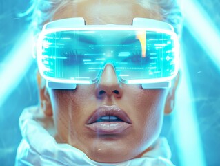 Aufkleber - Stylish Woman Wearing Futuristic Augmented Reality Glasses in Sleek, High-Tech Environment at Night Emphasizing Innovations in Eyewear Design