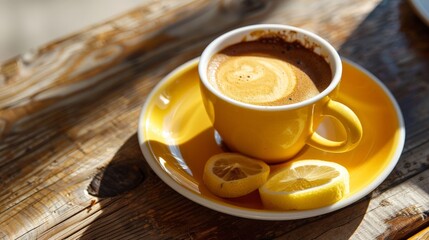 Wall Mural - A traditional Italian espresso, served in a small cup with a twist of lemon peel.