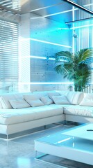 Aufkleber - Futuristic Living Room in Y3K Style: Ultra-Modern Interior with High-Tech Furniture and Holographic Accents, Symbolizing Comfort in a Futuristic World