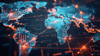 Glowing global city connections on digital world map. High-tech network with cinematic lighting and bokeh effect