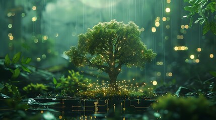 Wall Mural - root of the tree of life with digital circuit points for modern futuristic nature integration techno