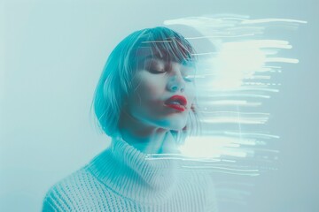 Aufkleber - Dynamic Scene of Young Adult Female with Silver Hologram in Soft Blue High-Tech Environment, Emphasizing Motion and Technology