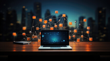 generated futuristic illustration about technology with a laptop in neon colors.