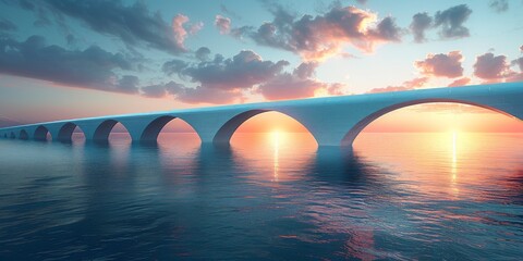 A tranquil sunrise illuminates an arched stone bridge spanning calm waters.