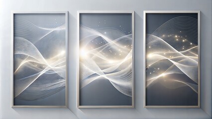 Wall Mural - set of three vertical poster, Digital  particles wave and light abstract , with frame, wallpaper background, 